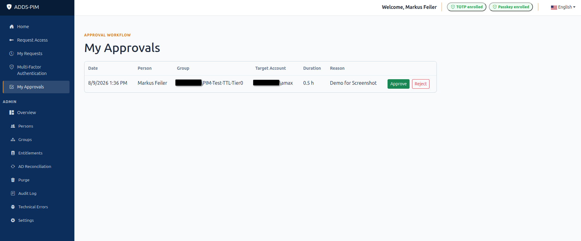 My Approvals view with a pending privileged access request