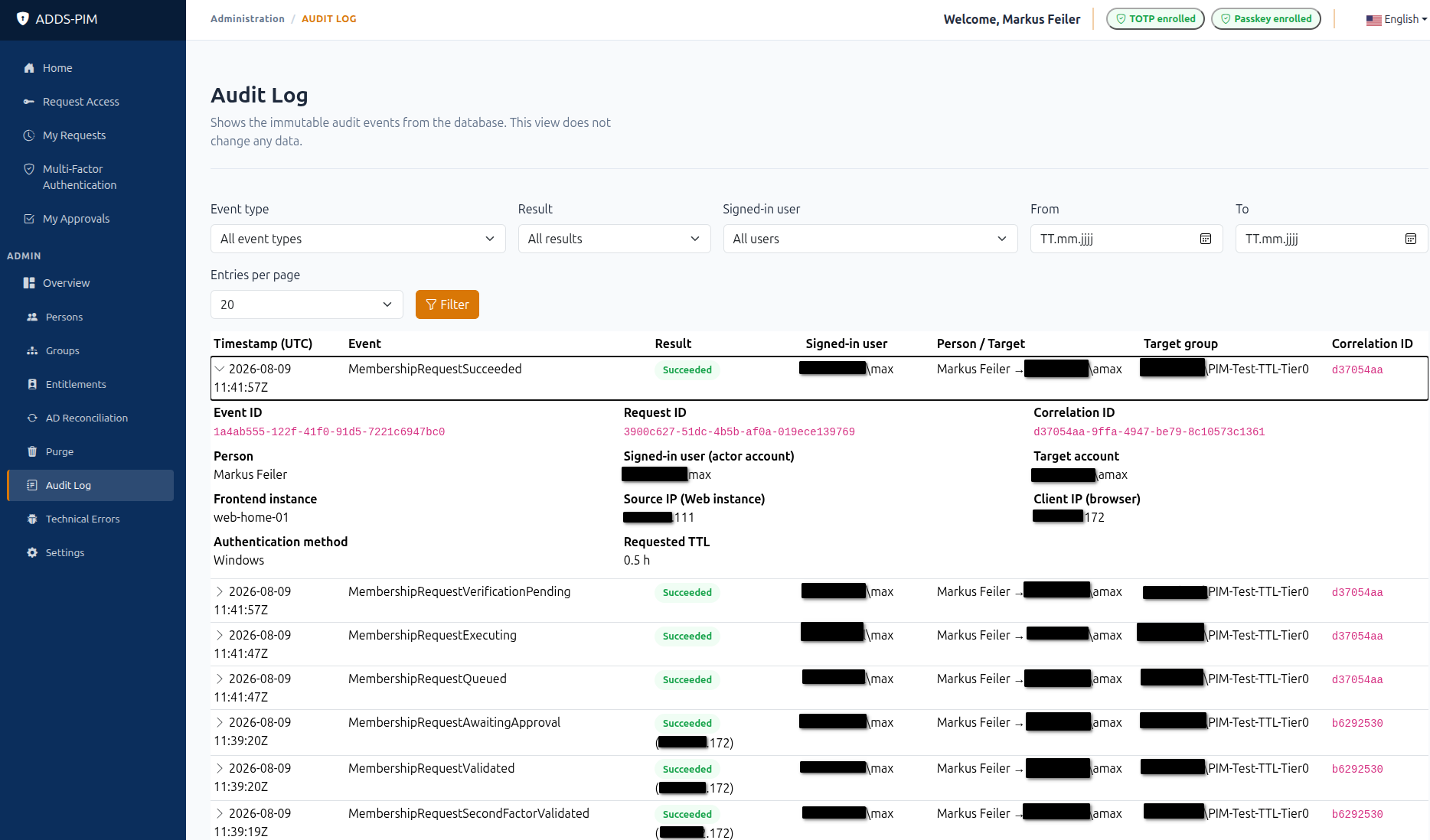 Audit log with event type, result, request ID, correlation ID, target and TTL information