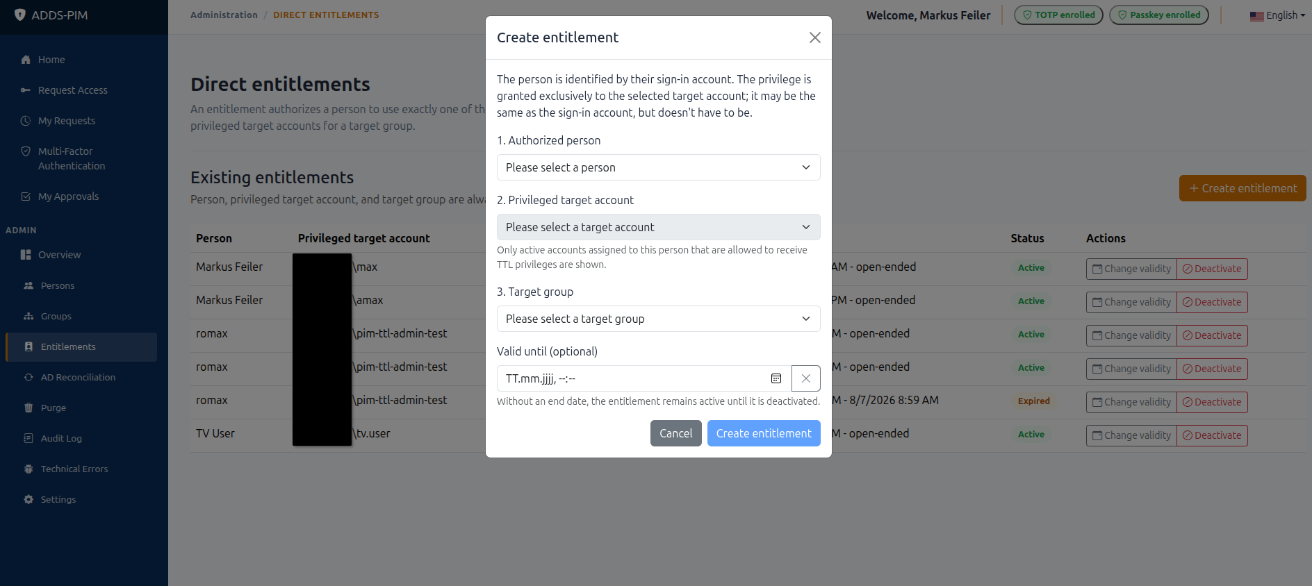 Create entitlement dialog