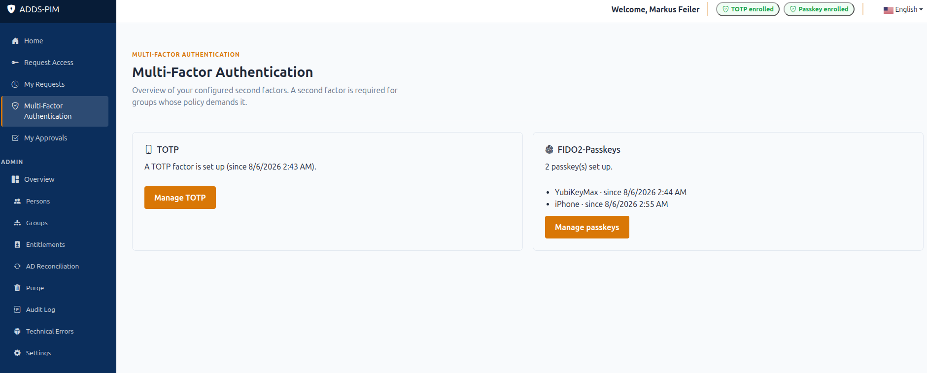MFA overview showing TOTP and registered passkeys