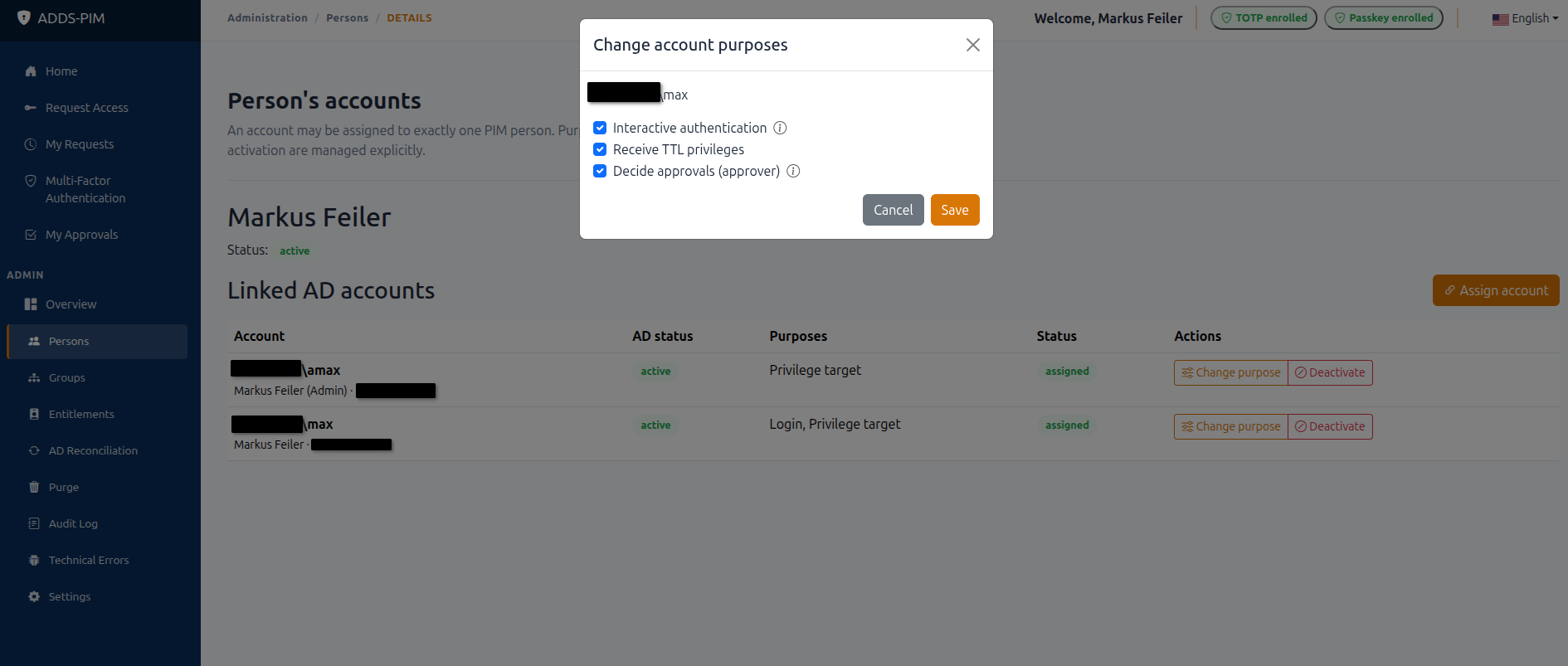 Person view showing linked accounts and account purposes