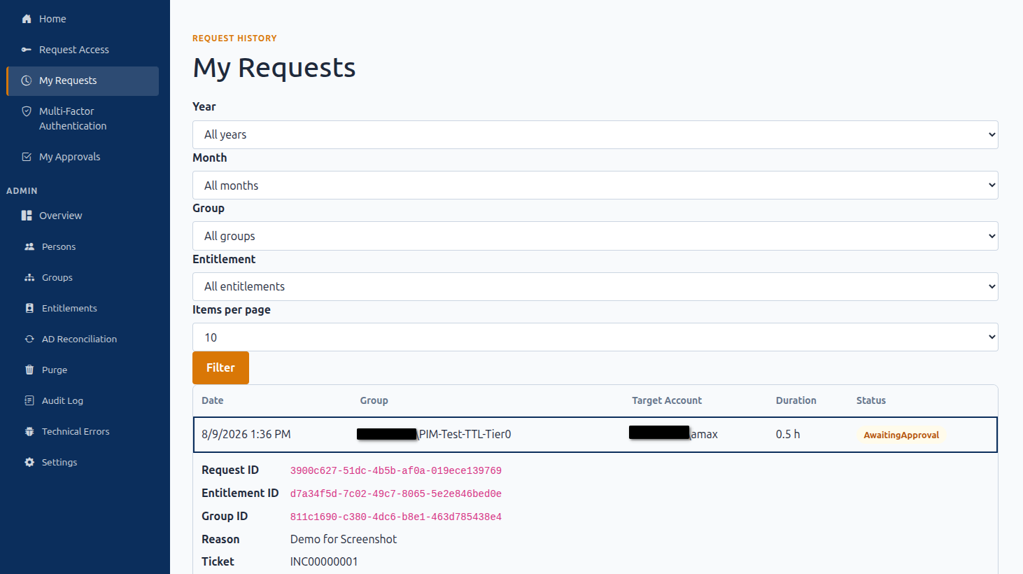 My Requests view showing a request waiting for approval