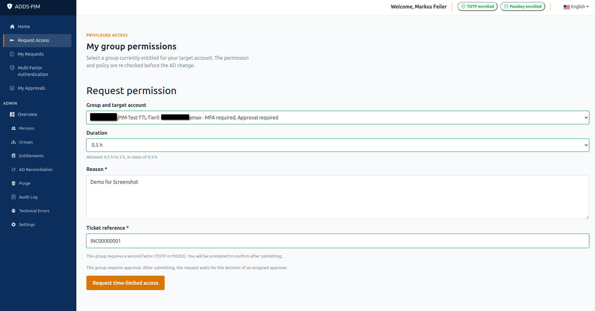 Request permission form showing target group, target account, duration, reason and ticket reference