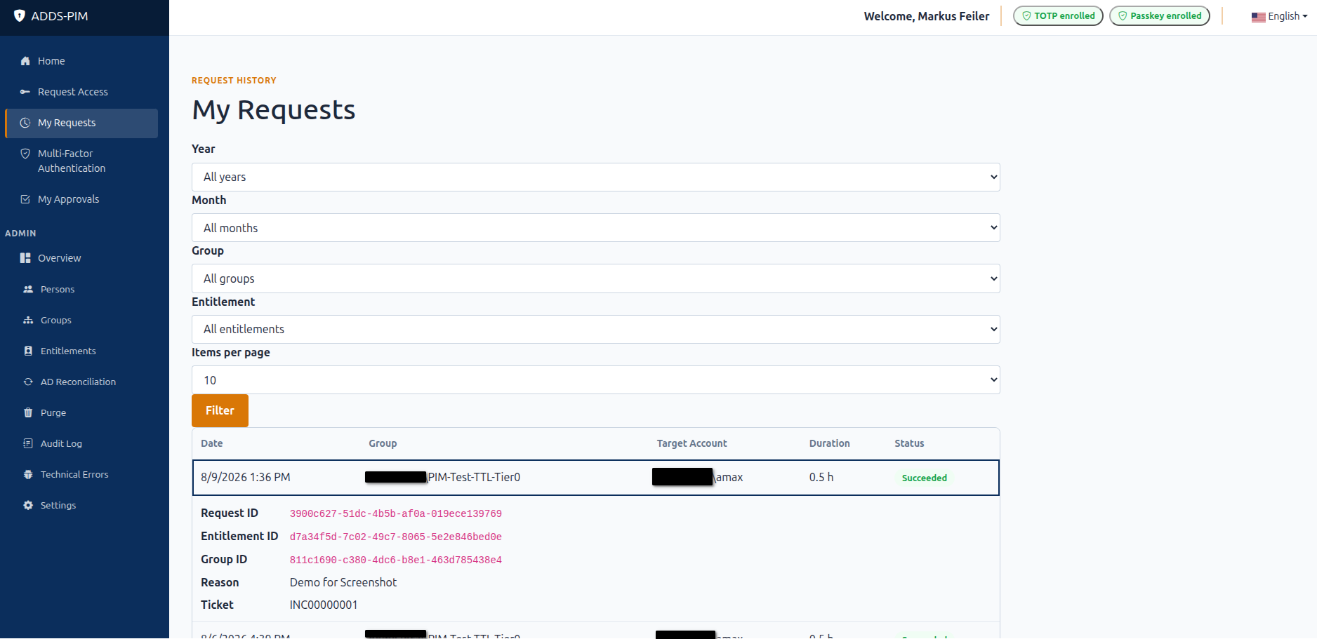 My Requests view showing a successfully completed privileged access request