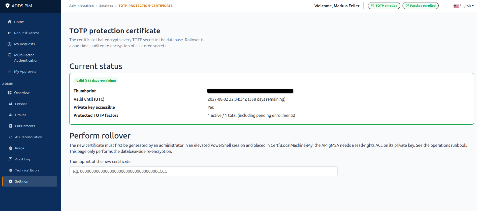 TOTP protection certificate status and rollover